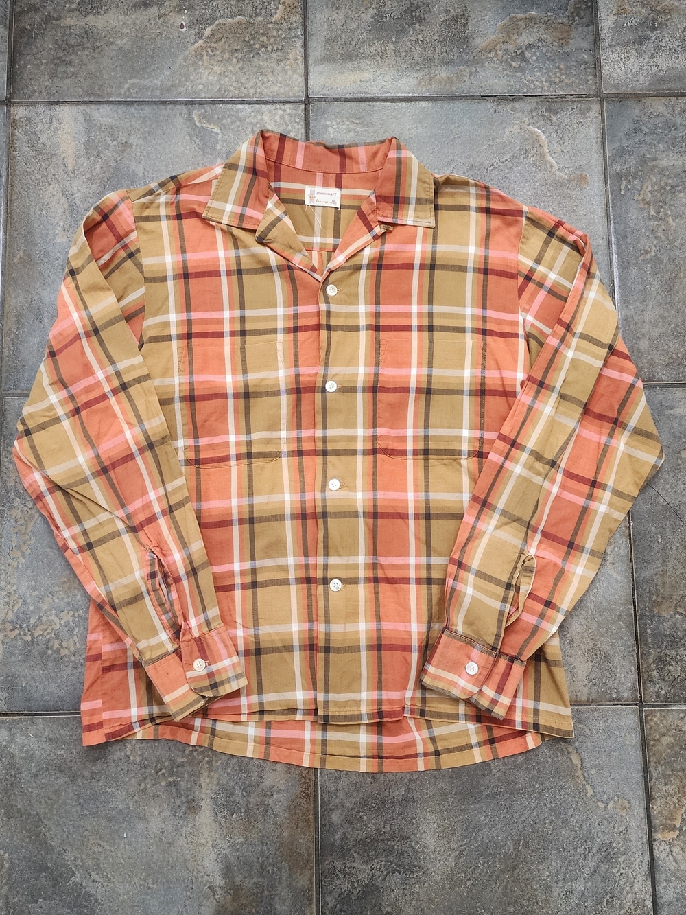 Vintage Penneys Towncraft Mens Medium 50s 60s Loop Collar Orange Plaid Button Up